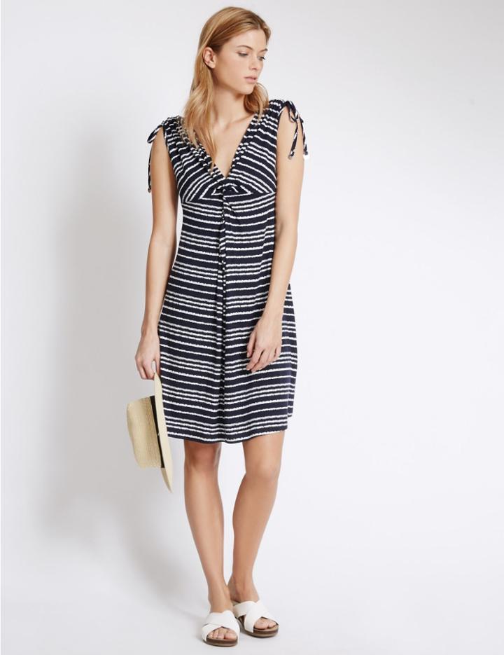 Marks & Spencer Striped Knot Front Sleeveless Beach Dress Navy Stripe