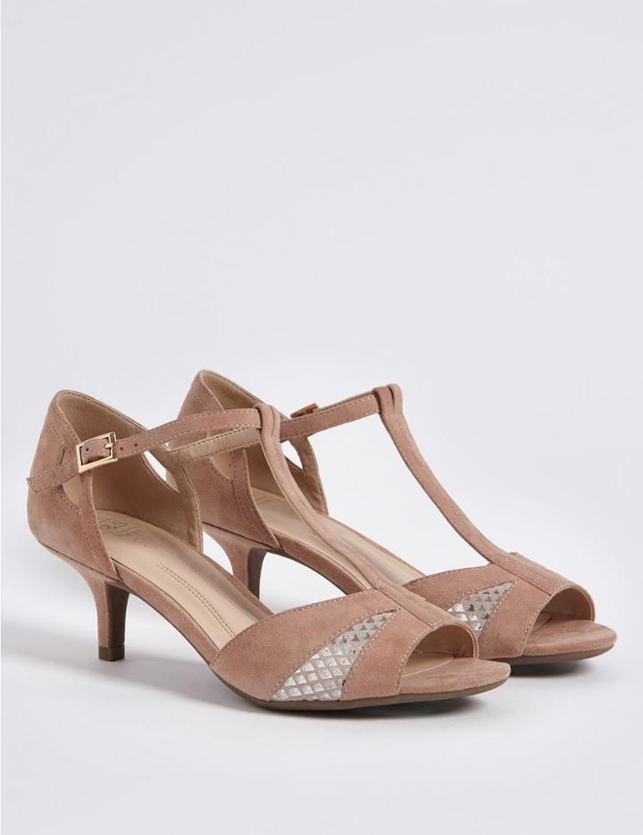 Marks & Spencer Wide Fit Suede Kitten Heel Buckle Sandals Pink