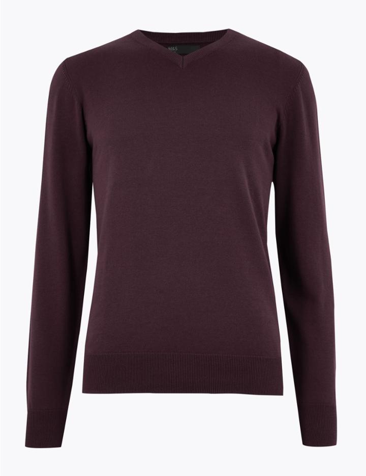 Marks & Spencer Cotton V-neck Jumper Grape