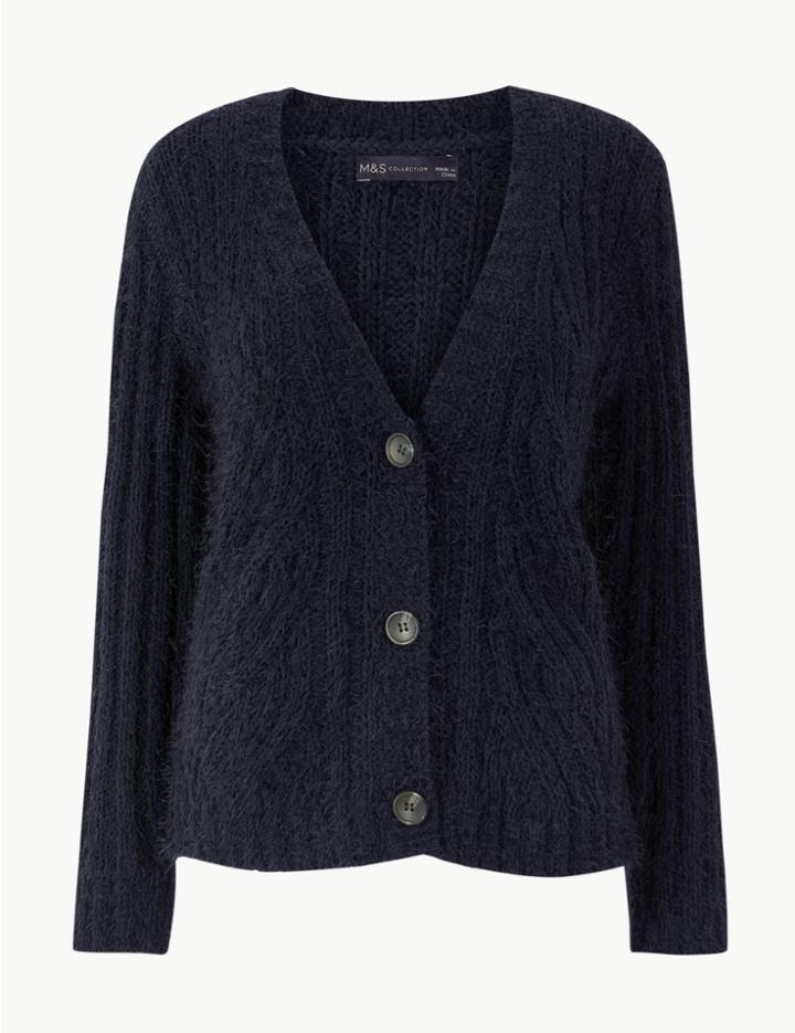Marks & Spencer Chenille Cable Knit V-neck Cardigan Navy