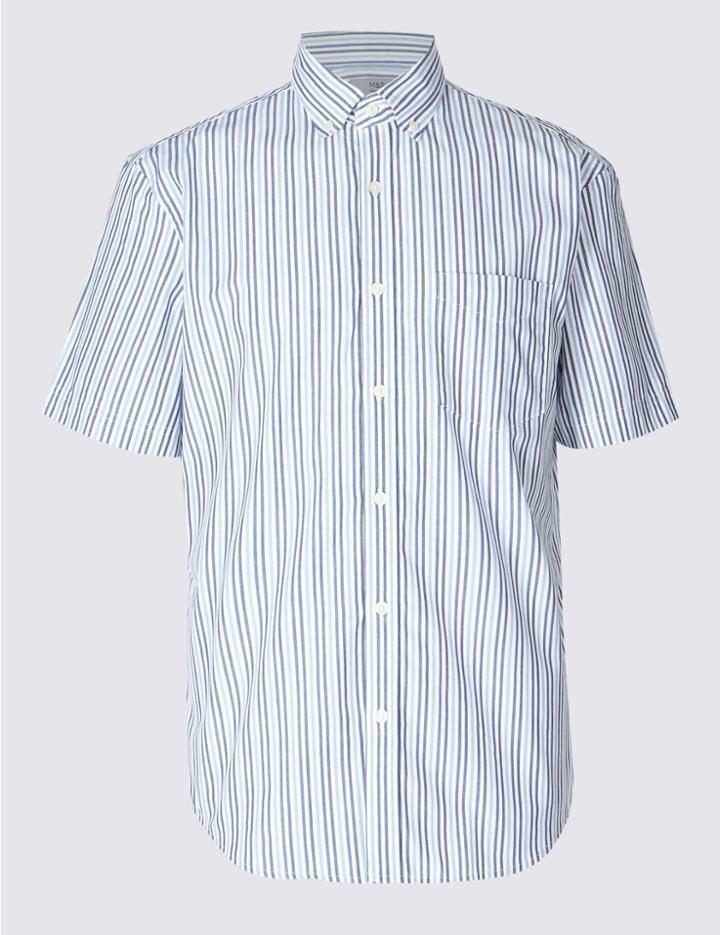 Marks & Spencer Pure Cotton Striped Shirt With Pocket Royal Blue