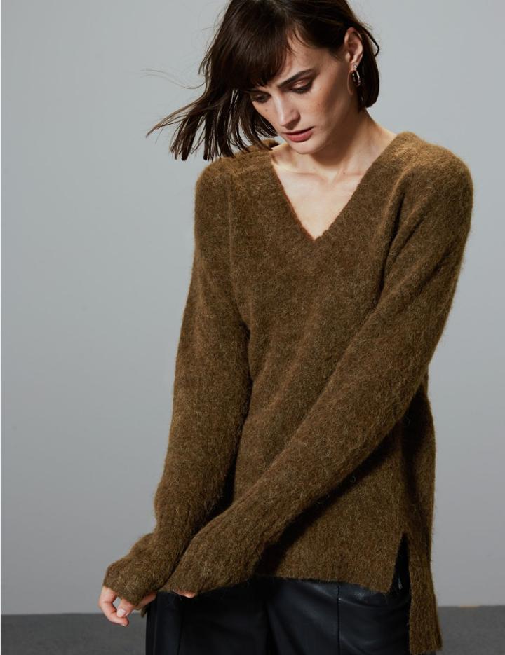 Marks & Spencer Wool Blend Textured V-neck Jumper Dark Bronze