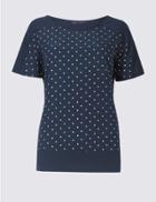 Marks & Spencer Spotted Woven Front Short Sleeve Top Navy Mix
