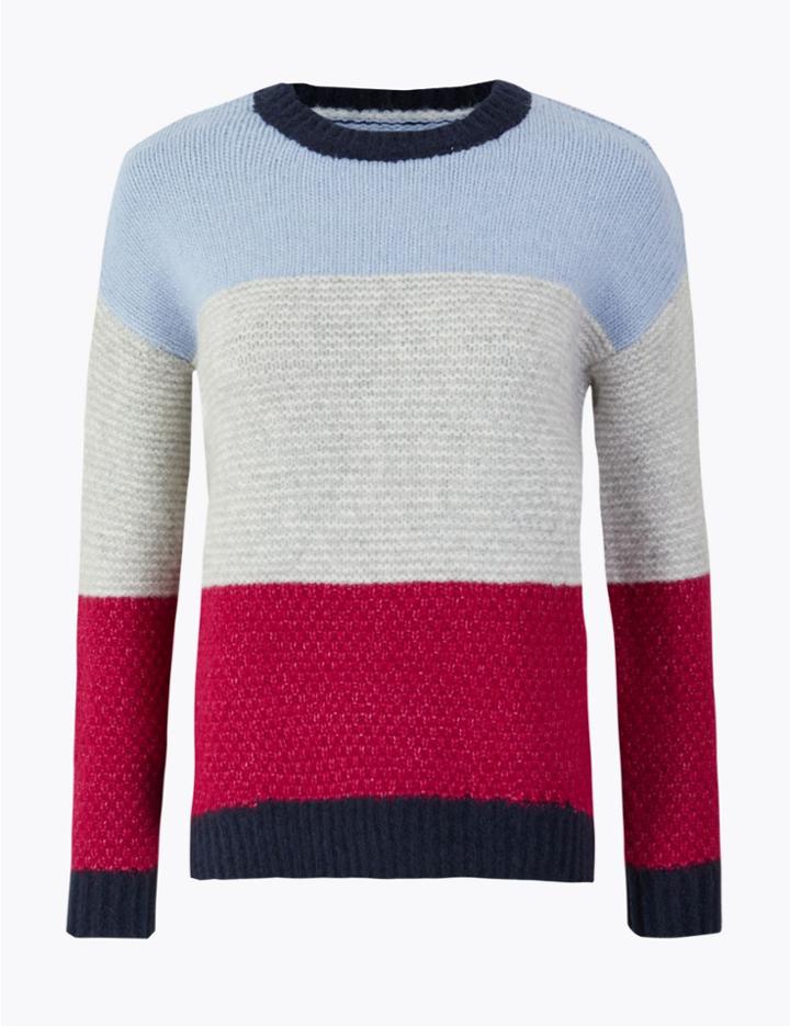 Marks & Spencer Colour Block Round Neck Jumper Grey Mix