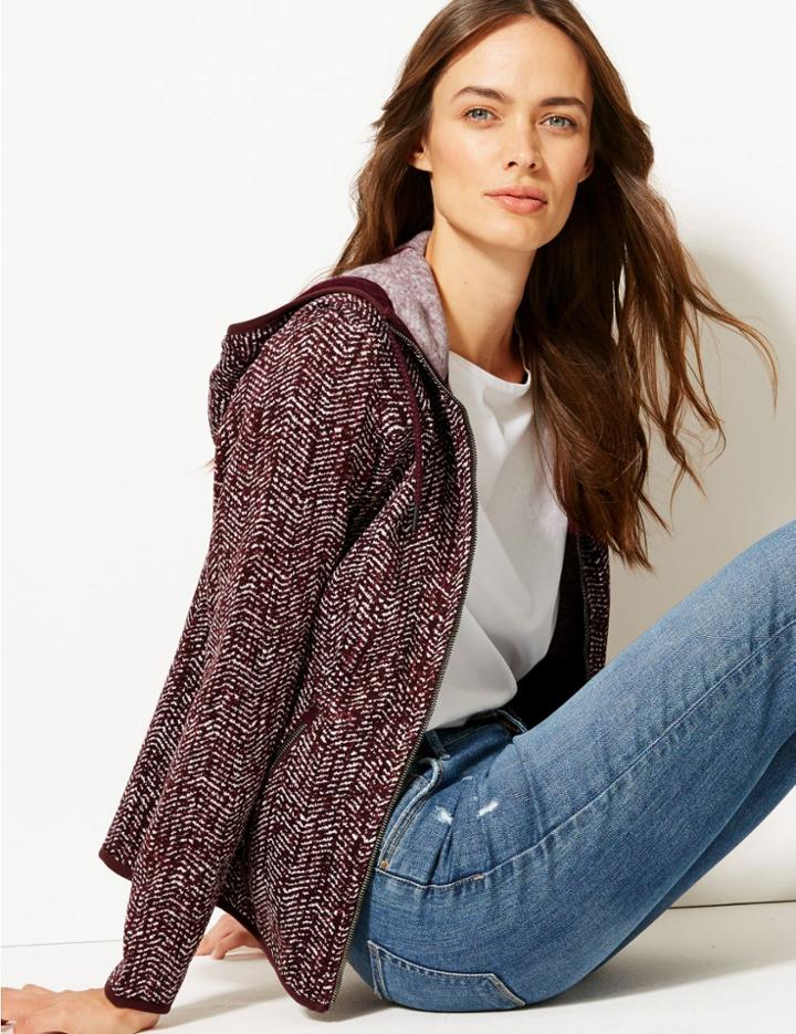 Marks & Spencer Herringbone Printed Fleece Jacket Plum Mix
