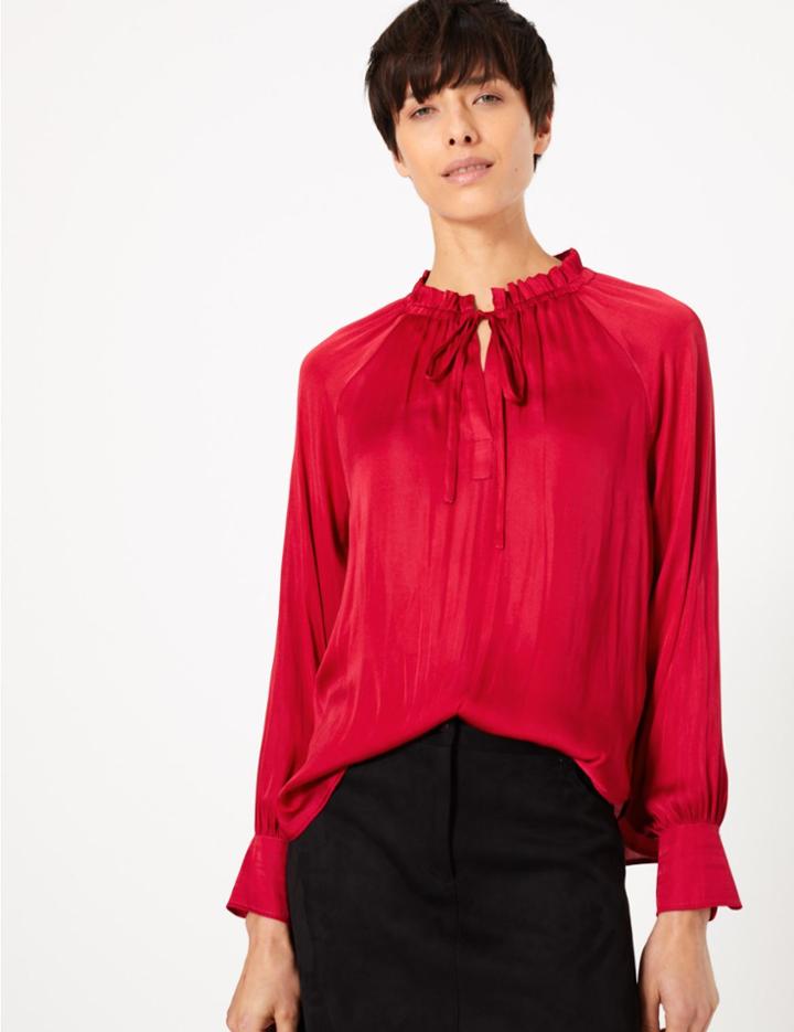Marks & Spencer Satin Ruffle Neck Blouse Pink