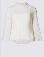 Marks & Spencer Cotton Blend Lace 3/4 Sleeve Jersey Top Ivory