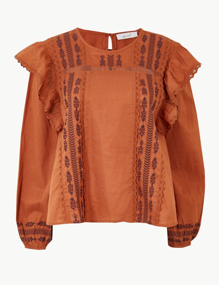 Marks & Spencer Pure Cotton Embroidered Long Sleeve Blouse Sienna