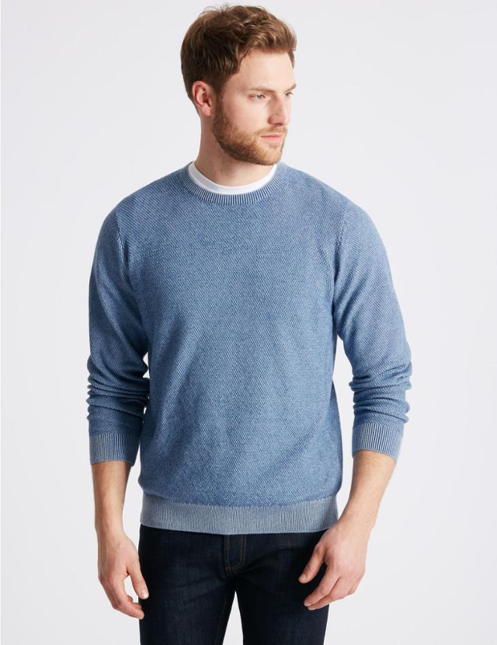Marks & Spencer Pure Cotton Textured Crew Neck Jumper Blue Mix