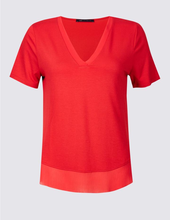 Marks & Spencer Crepe V-neck Short Sleeve T-shirt Red