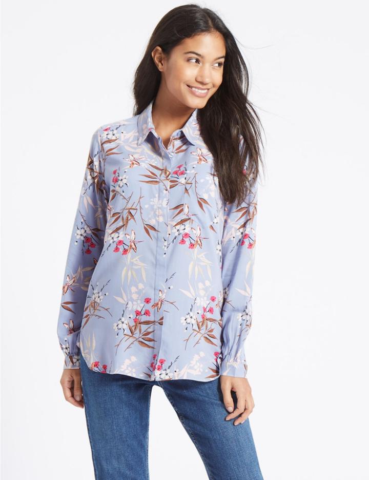Marks & Spencer Floral Print Long Sleeve Shirt Blue Mix