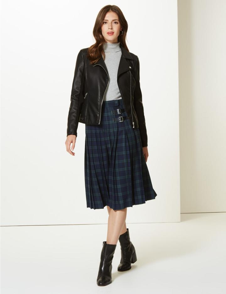 Marks & Spencer Checked Pleated Midi Skirt Green Mix