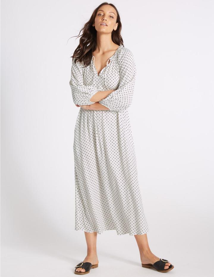 Marks & Spencer Spotted Long Sleeve Tunic Midi Dress Ivory Mix