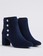 Marks & Spencer Wide Fit Block Heel Four Button Ankle Boots Navy