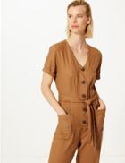 Marks & Spencer Linen Rich Button Detailed Belted Jumpsuit Tan