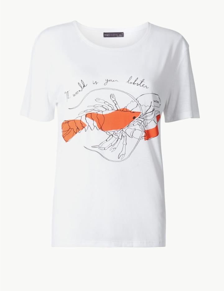 Marks & Spencer Relaxed Fit Printed Short Sleeve T-shirt White Mix