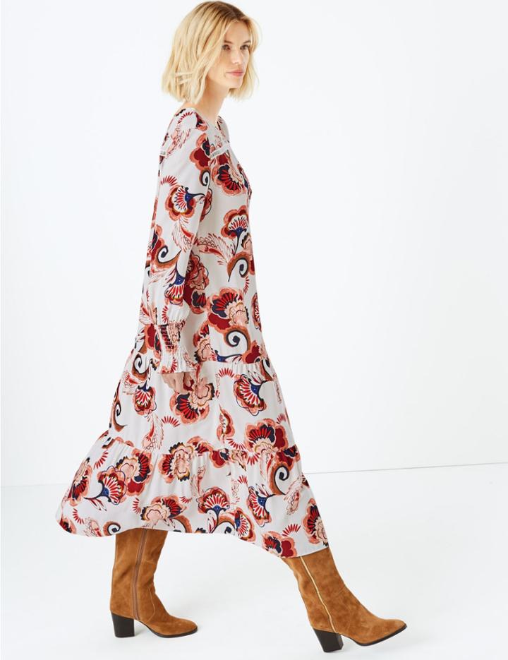 Marks & Spencer Shirred Cuff Relaxed Midi Dress Ivory Mix