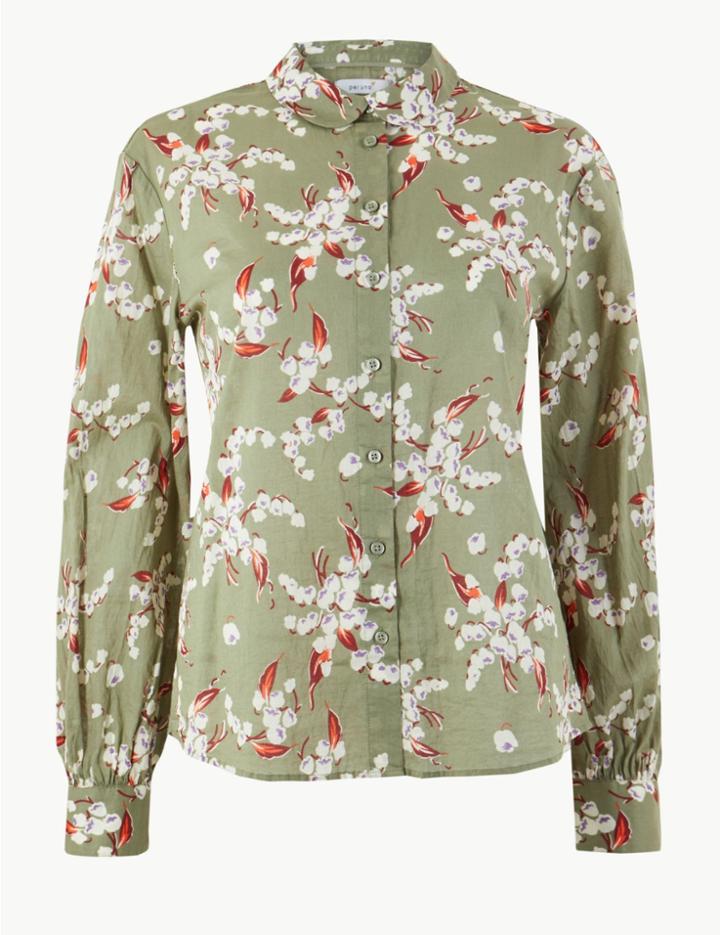 Marks & Spencer Floral Peplum Back Long Sleeve Shirt Green Mix