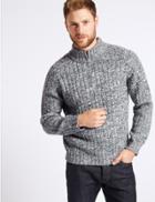 Marks & Spencer Textured Zip Neck Jumper With Wool Light Grey