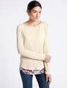 Marks & Spencer Textured Slash Neck Long Sleeve T-shirt Oatmeal Mix