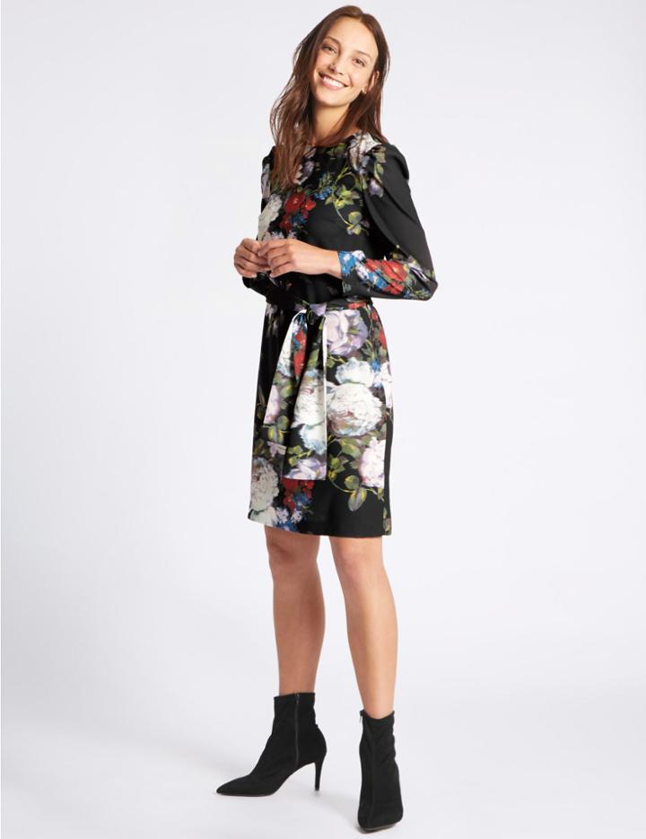 Marks & Spencer Floral Print Long Sleeve Tunic Midi Dress Black Mix