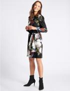 Marks & Spencer Floral Print Long Sleeve Tunic Midi Dress Black Mix