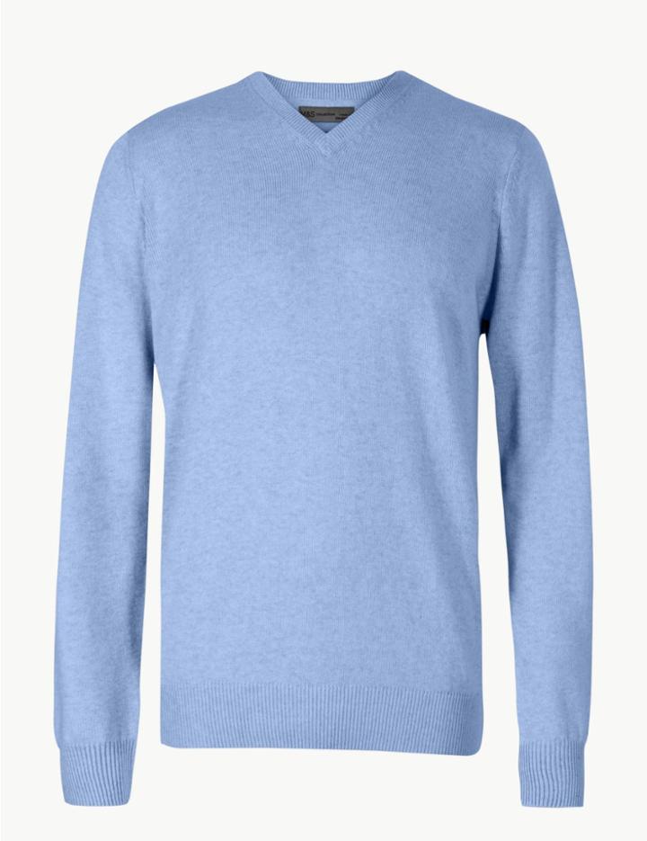 Marks & Spencer Pure Cotton V-neck Jumper Pale Blue