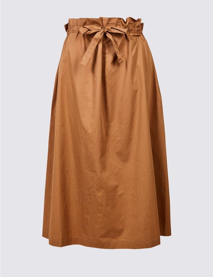 Marks & Spencer Pure Cotton Smoke Waist A-line Midi Skirt Cognac
