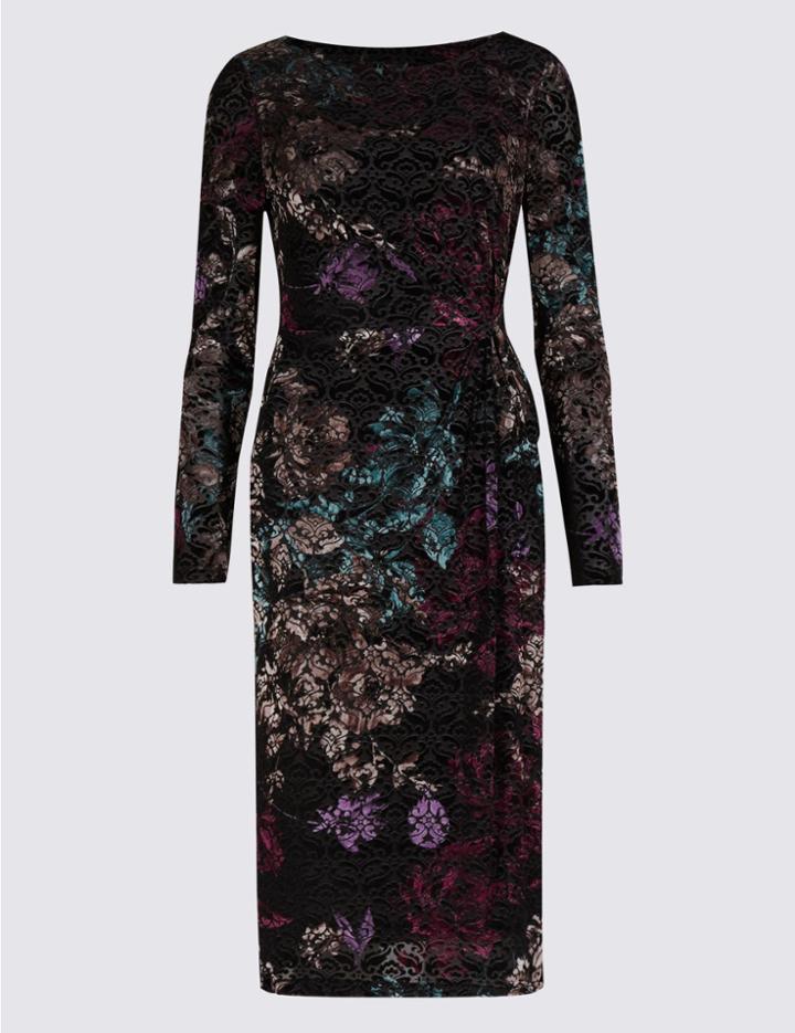 Marks & Spencer Printed Long Sleeve Bodycon Midi Dress Black Mix