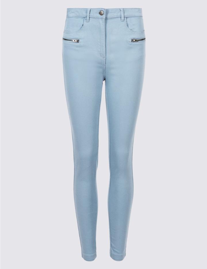 Marks & Spencer Cotton Rich Zip Detail Skinny Leg Trousers Dusty Blue