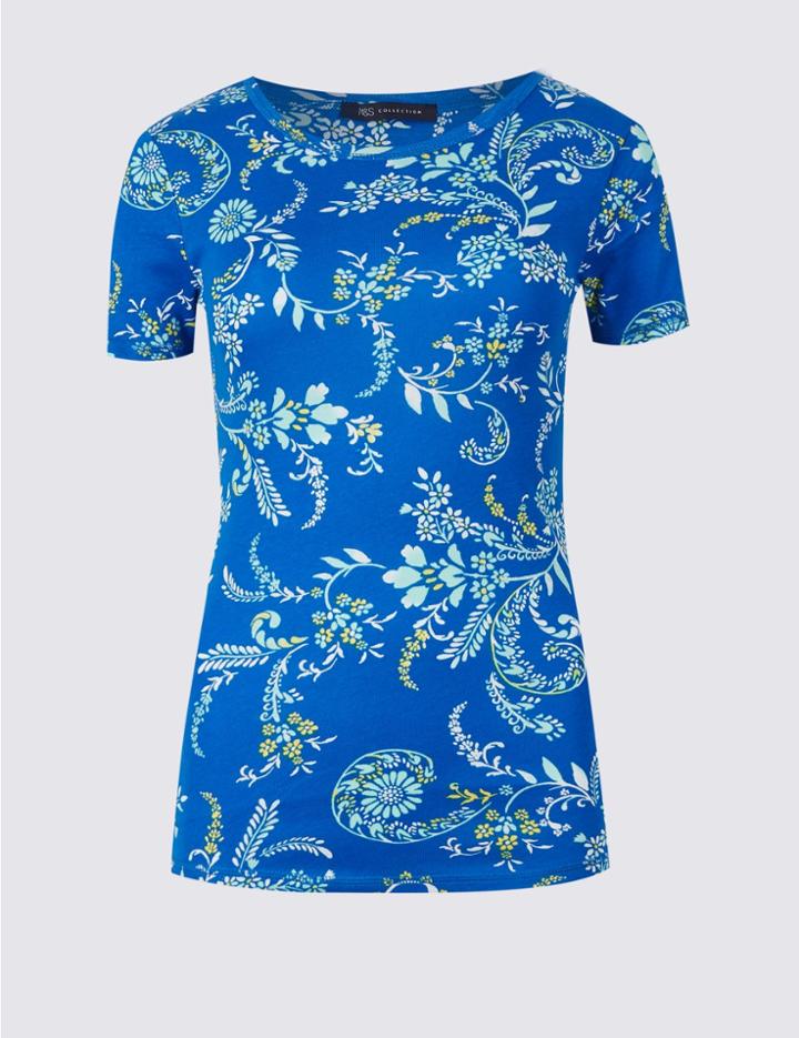 Marks & Spencer Pure Cotton Floral Print Round Neck T-shirt Blue Mix