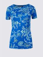 Marks & Spencer Pure Cotton Floral Print Round Neck T-shirt Blue Mix