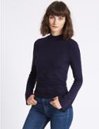 Marks & Spencer Rouched Waist Round Neck Long Sleeve T-shirt Dark Navy