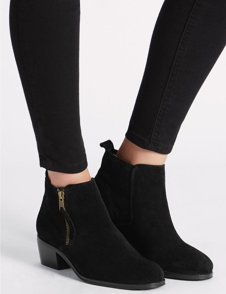 Marks & Spencer Wide Fit Suede Block Heel Zip Ankle Boots Black