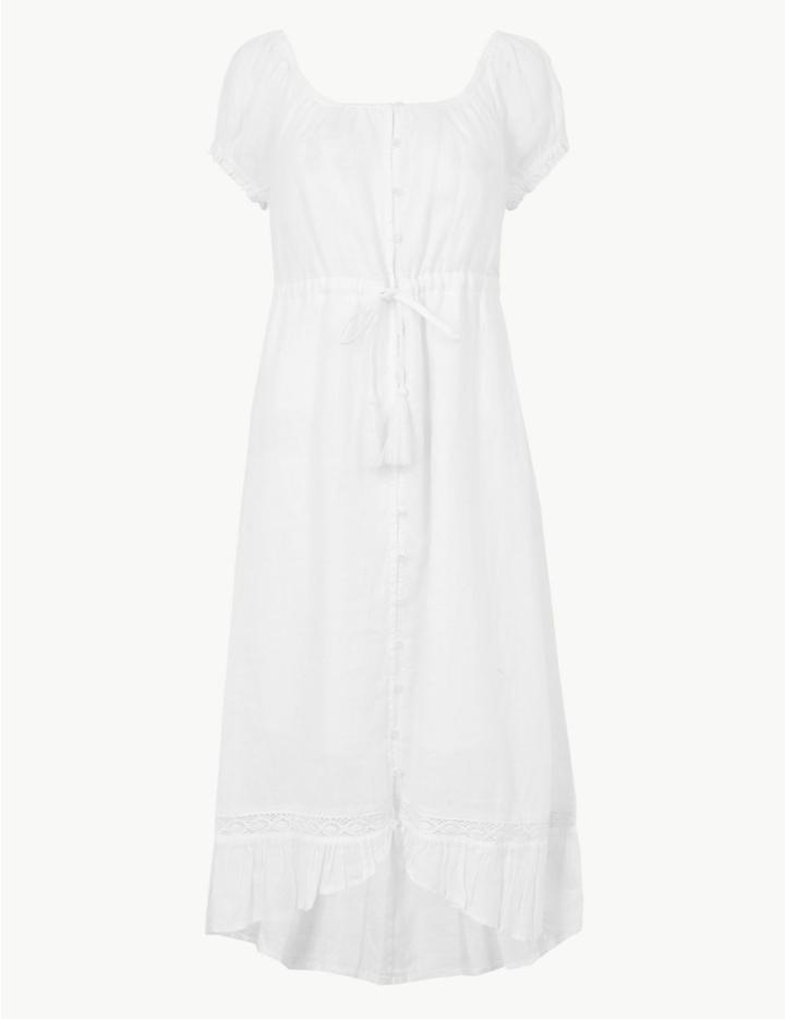 Marks & Spencer Petite Pure Linen Midi Waisted Dress Soft White
