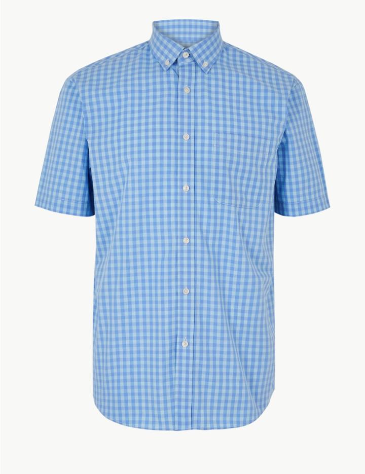 Marks & Spencer Pure Cotton Checked Shirt Medium Turquoise