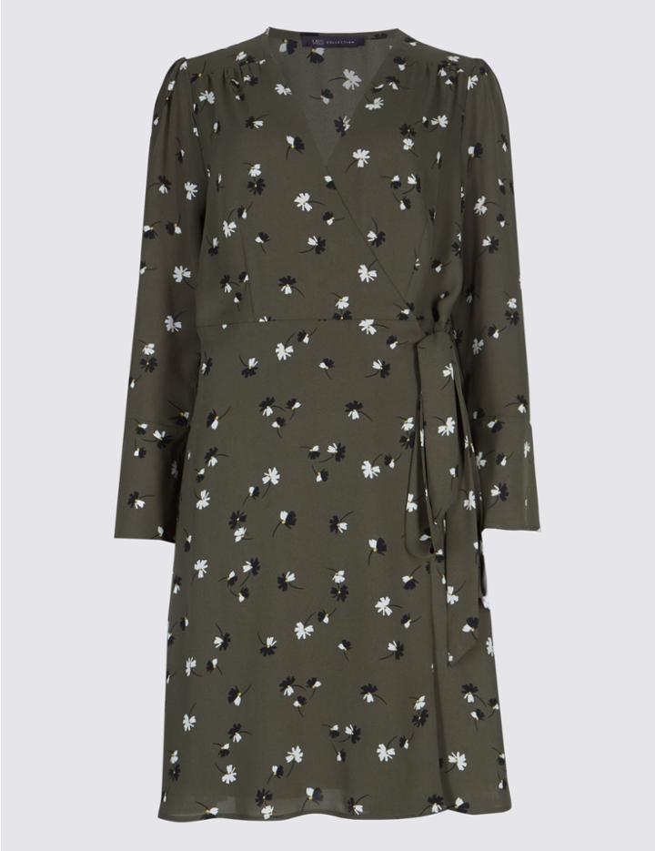 Marks & Spencer Floral Print Long Sleeve Wrap Dress Green Mix