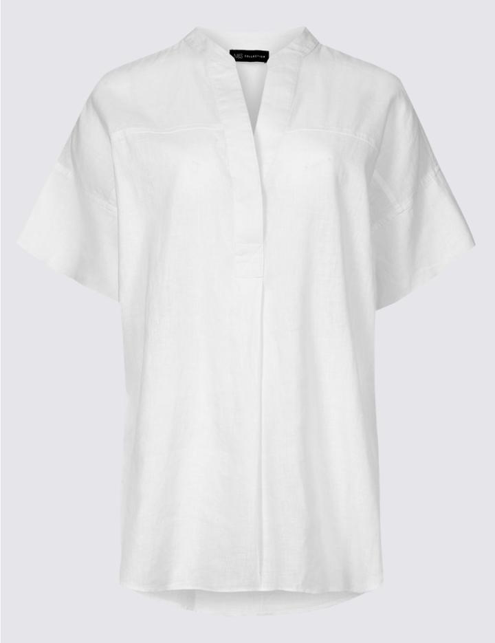 Marks & Spencer Linen Rich Notch Neck Half Sleeve Blouse Soft White