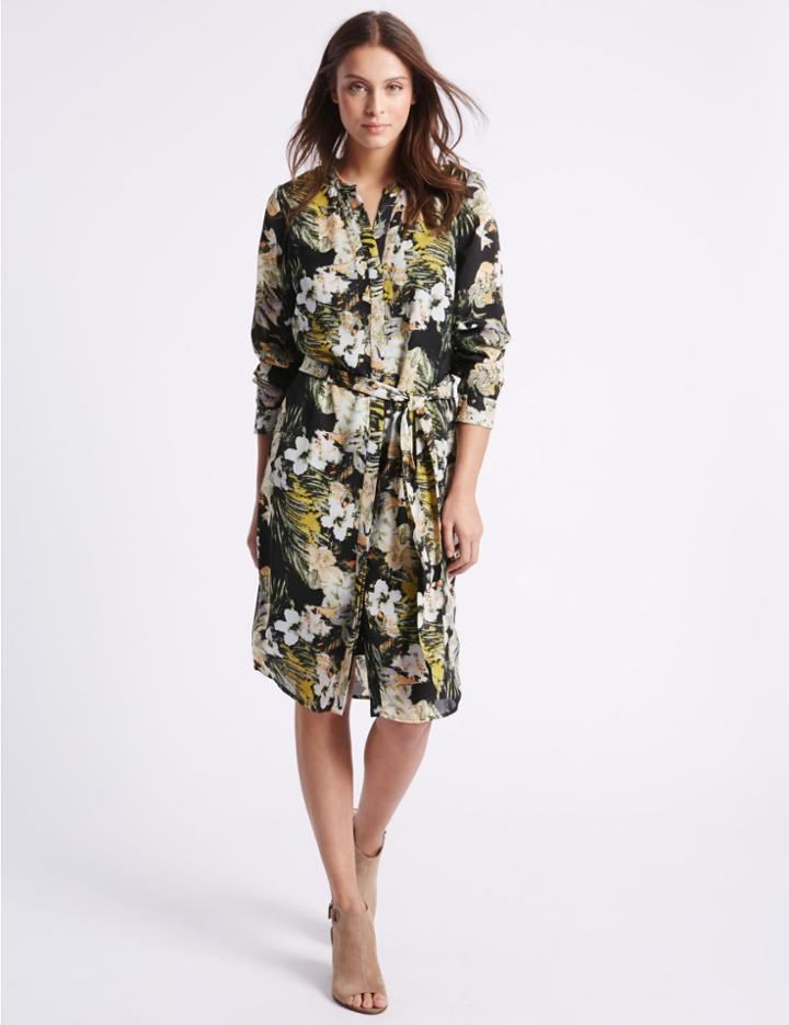 Marks & Spencer Floral Print Studded Shirt Dress With Belt Multi