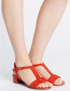 Marks & Spencer Suede Block Heel Buckle T-bar Sandals Flame