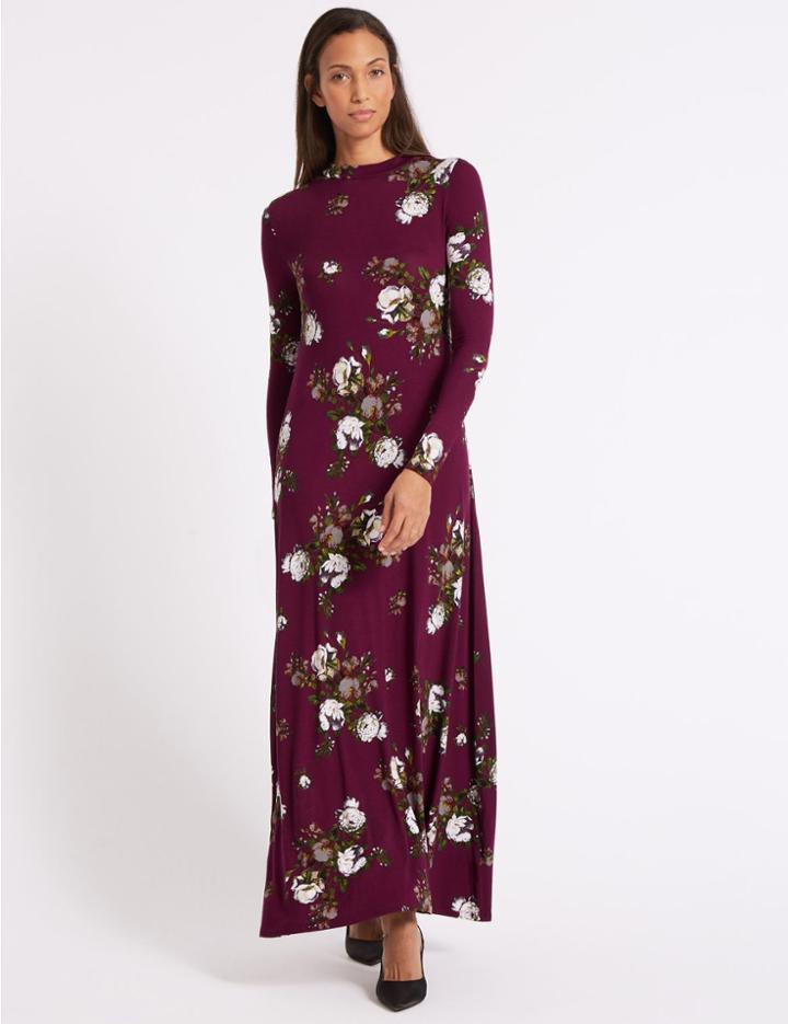 Marks & Spencer Floral Print Long Sleeve Skater Maxi Dress Red Mix