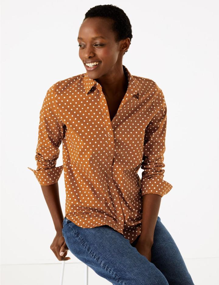 Marks & Spencer Cotton Rich Polka Dot Slim Fit Shirt Copper
