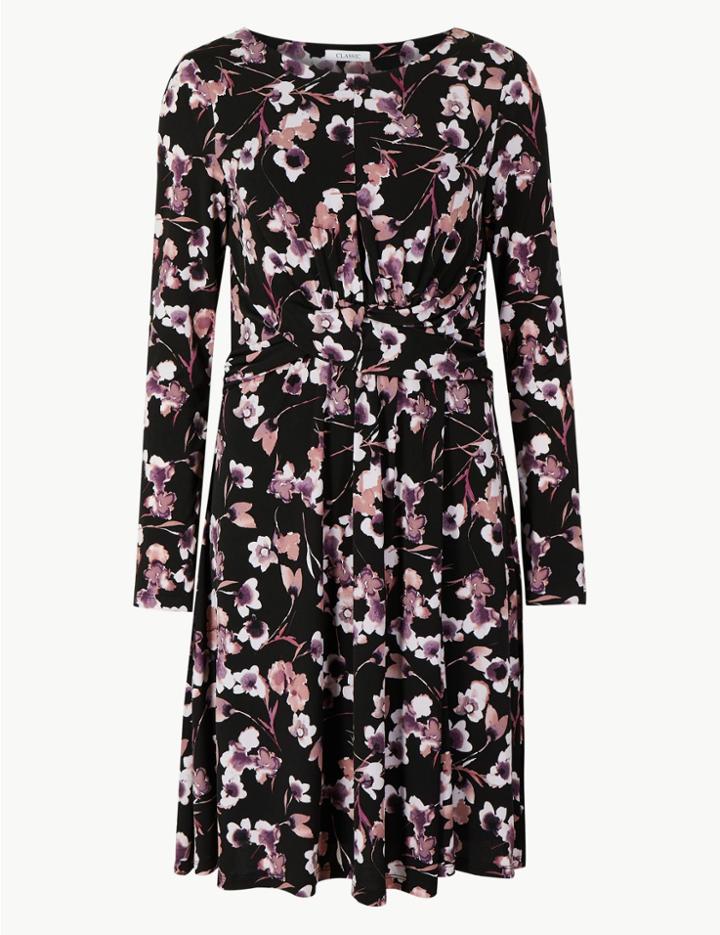 Marks & Spencer Floral Print Long Sleeve Fit & Flare Dress Black Mix