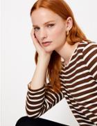 Marks & Spencer Ponte Striped 3/4 Sleeve Relaxed Fit T-shirt Brown Mix