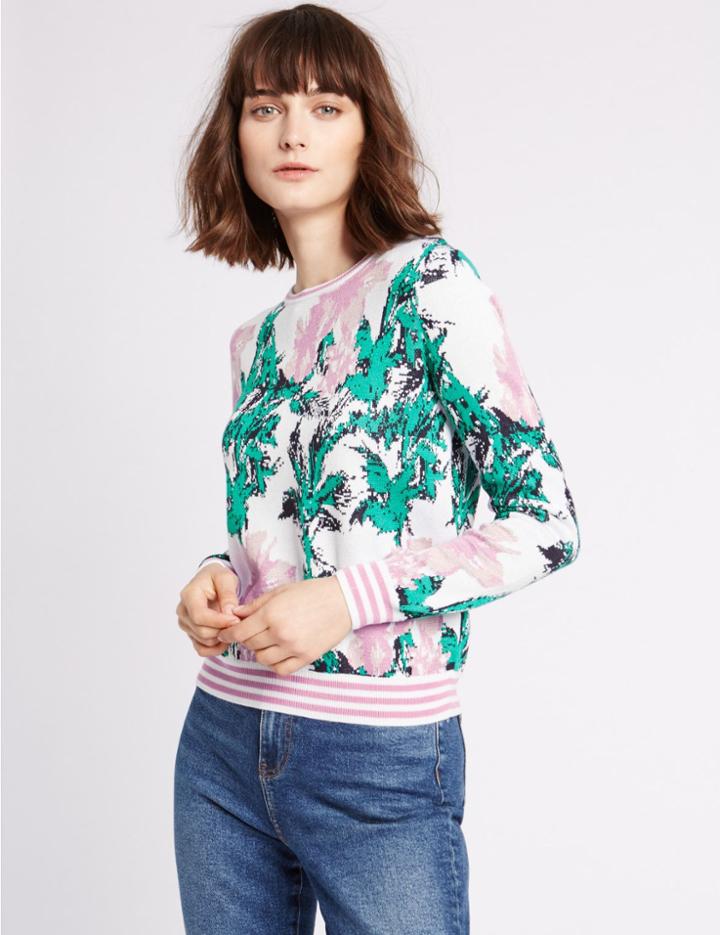 Marks & Spencer Floral Print Round Neck Jumper Ivory Mix