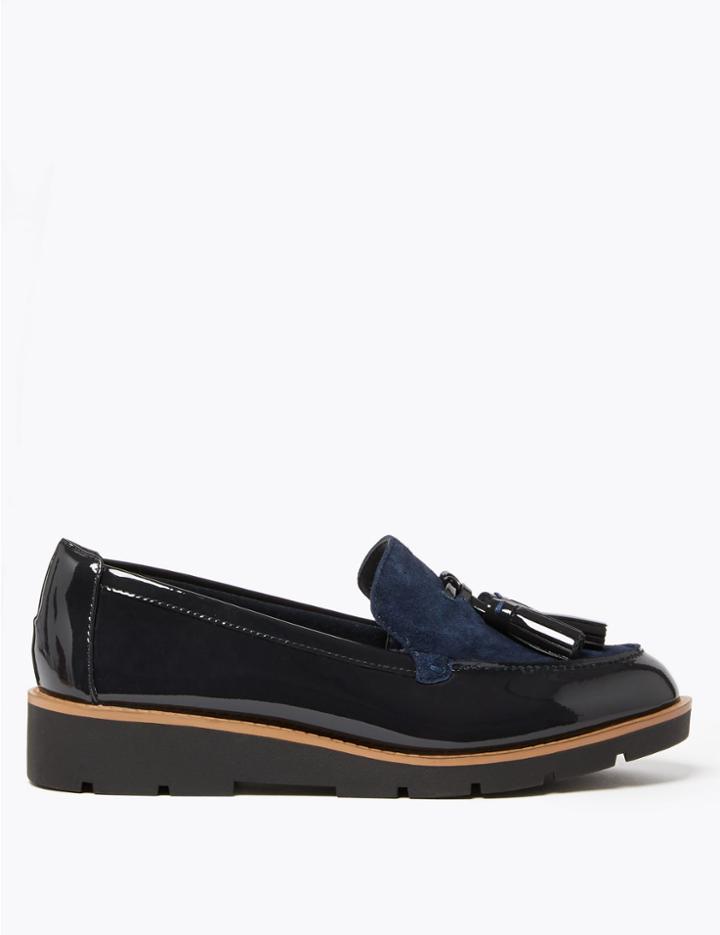 Marks & Spencer Wide Fit Leather Tassel Loafers Dark Navy