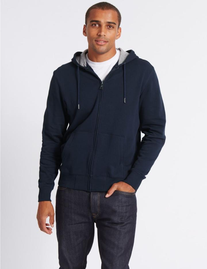 Marks & Spencer Cotton Rich Regular Fit Zip Through Hoody Navy