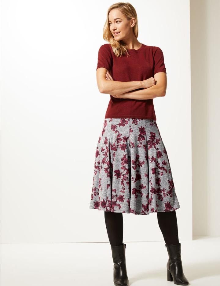 Marks & Spencer Floral Print Full Midi Skirt Grey Mix