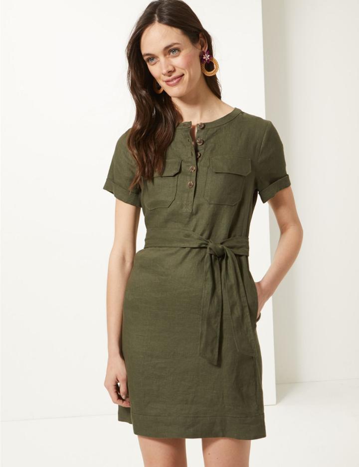 Marks & Spencer Pure Linen Shirt Mini Dress Khaki