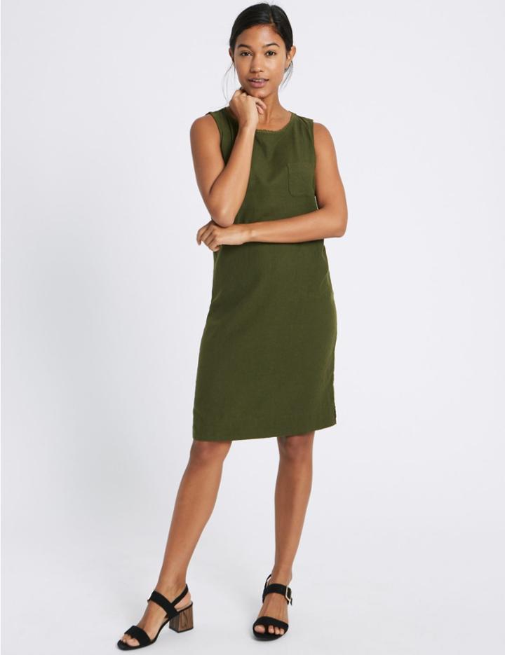 Marks & Spencer Linen Blend Pocket Round Neck Tunic Dress Forest Green